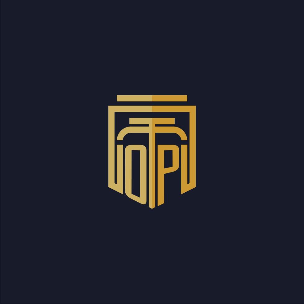 op logotipo inicial do monograma elegante com design de estilo escudo para mural de parede jogos de escritório de advocacia vetor