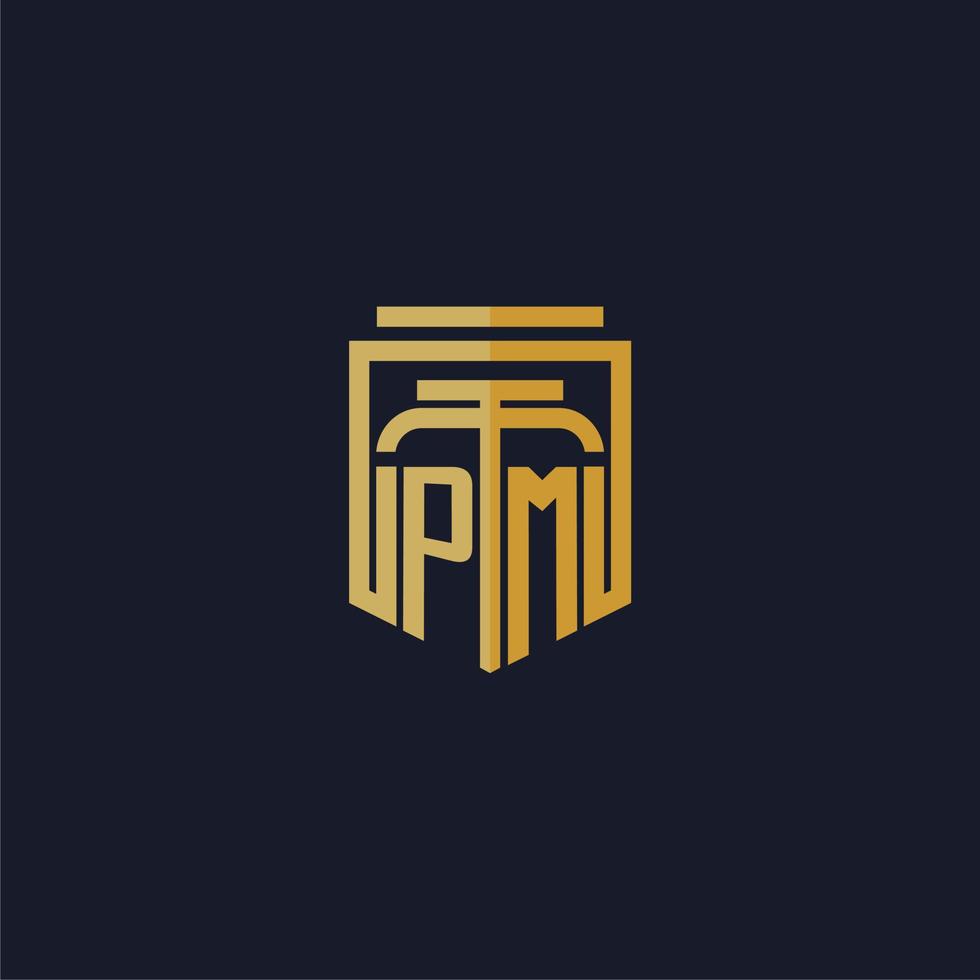 pm logotipo inicial do monograma elegante com design de estilo escudo para mural de parede jogos de escritório de advocacia vetor