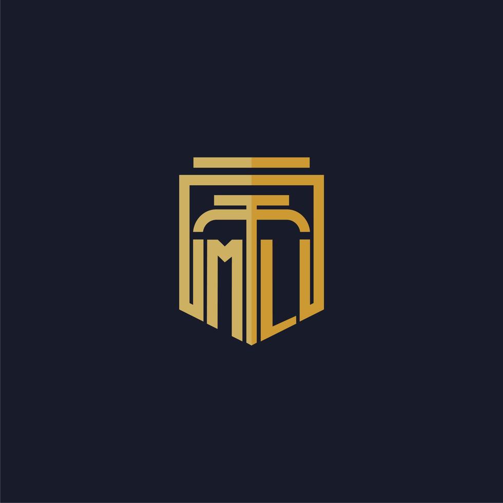 ml logotipo inicial do monograma elegante com design de estilo escudo para mural de parede para jogos de escritório de advocacia vetor
