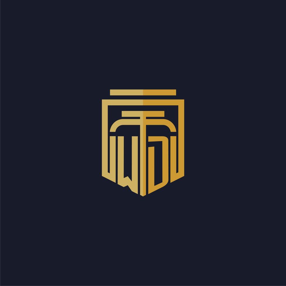 wd logotipo inicial do monograma elegante com design de estilo de escudo para mural de parede jogos de escritório de advocacia vetor