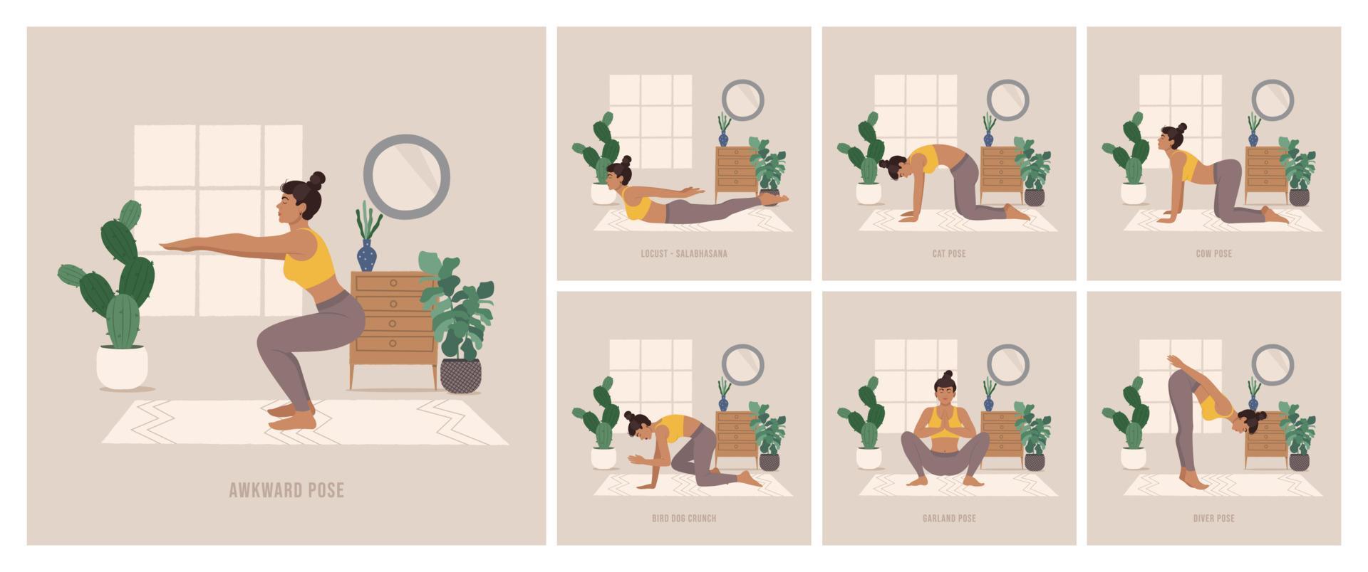 conjunto de poses de ioga. jovem praticando pose de ioga. mulher treino fitness, aeróbico e exercícios. ilustração em vetor estilo boho.