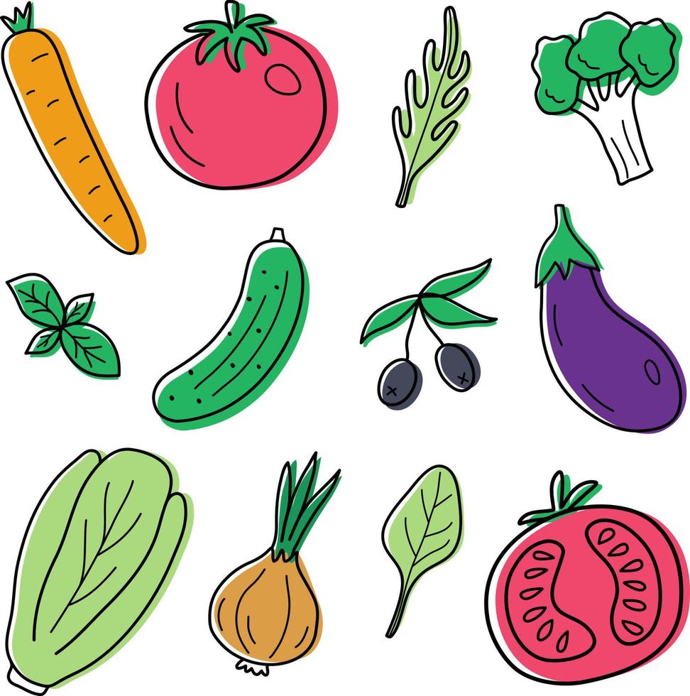 um conjunto de legumes frescos em estilo doodle. vetor