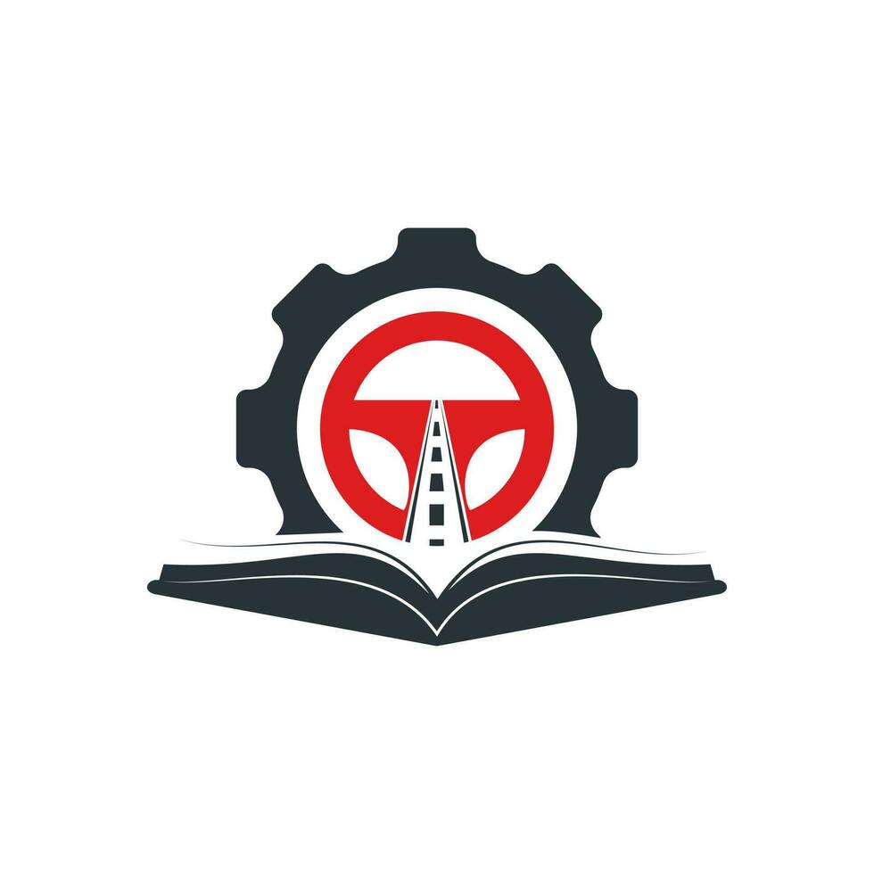 design de logotipo de escola de condução. volante com ícone de engrenagem e livro. vetor
