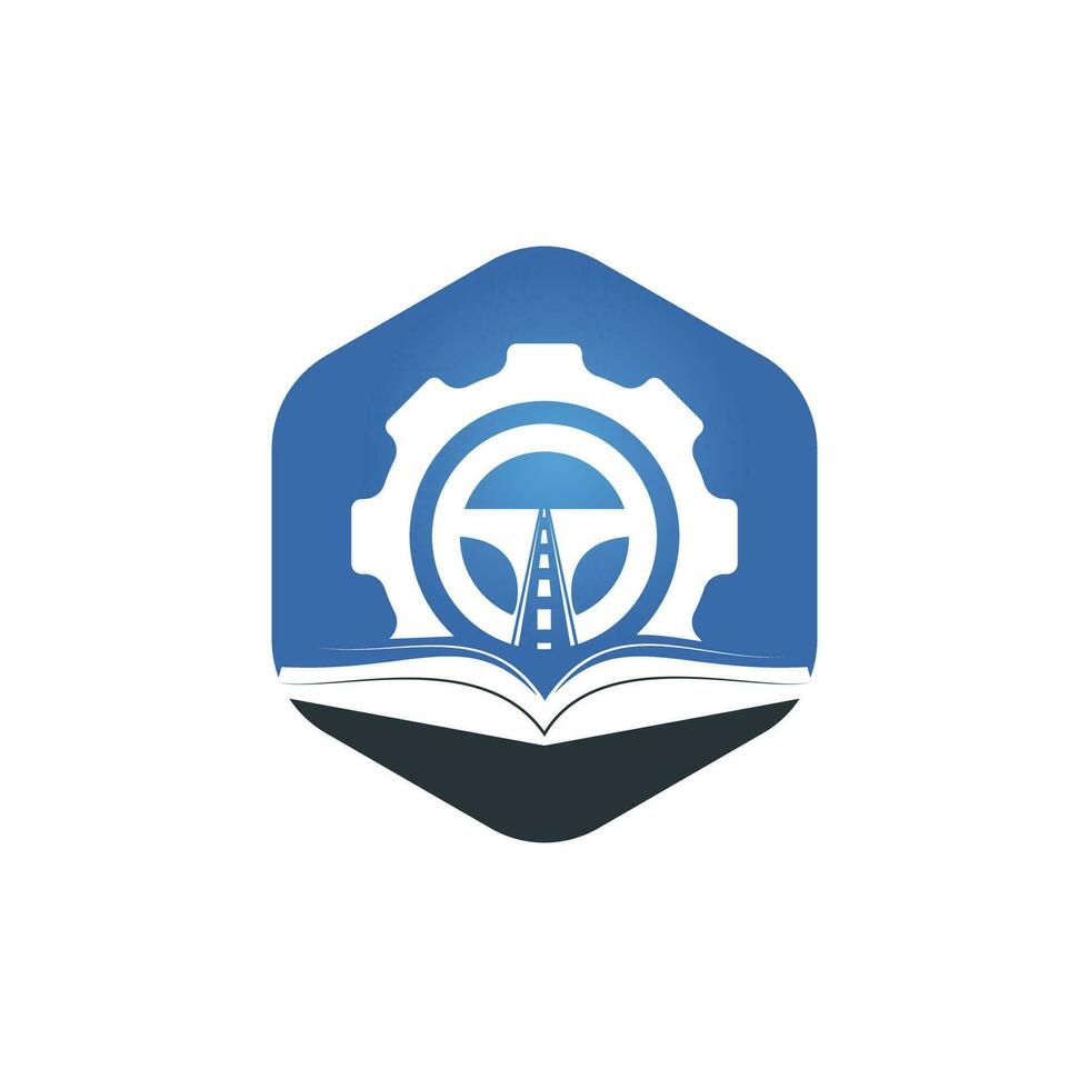 design de logotipo de escola de condução. volante com ícone de engrenagem e livro. vetor