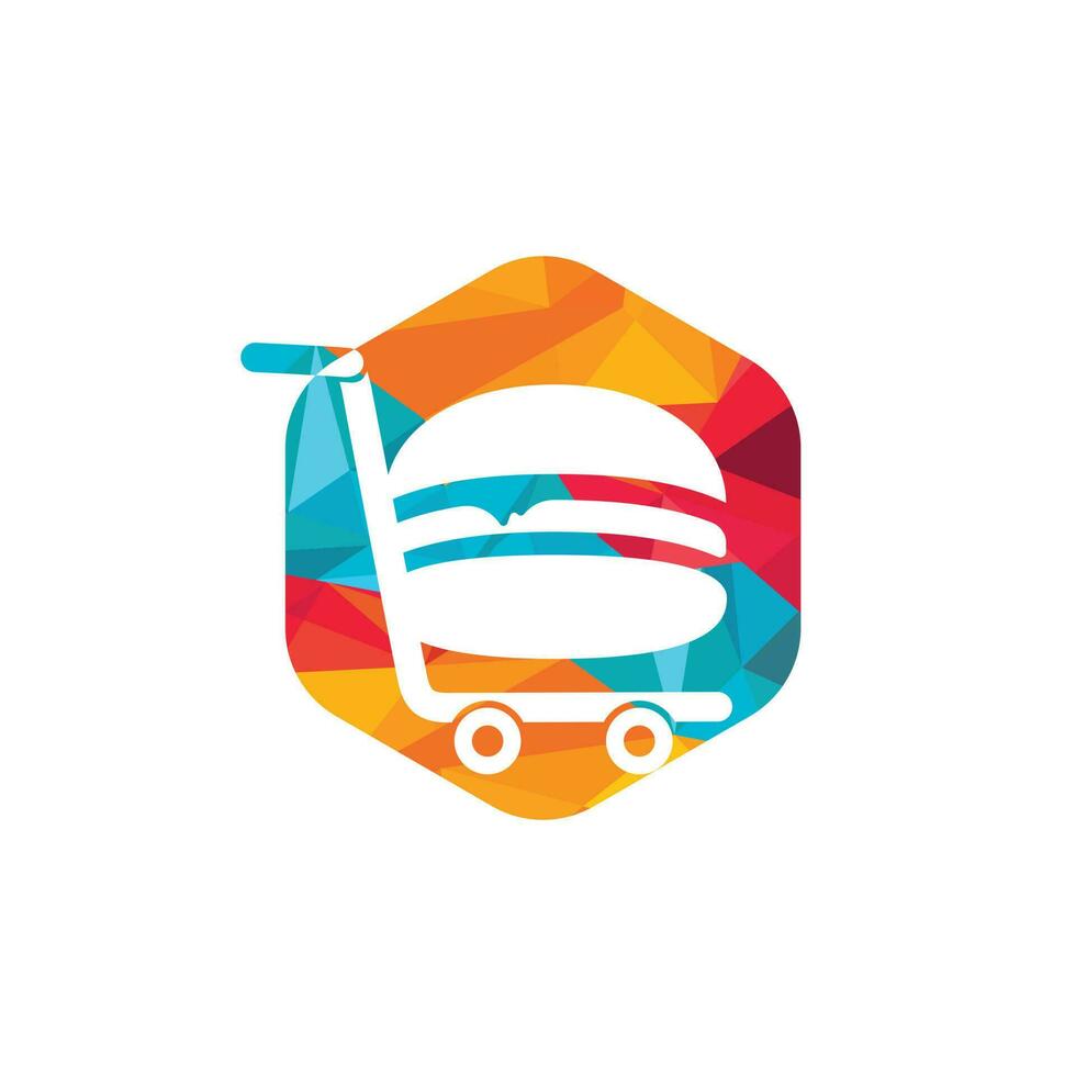 design de logotipo de carrinho de hambúrguer e supermercado. design de ícone de hambúrguer e carrinho. vetor