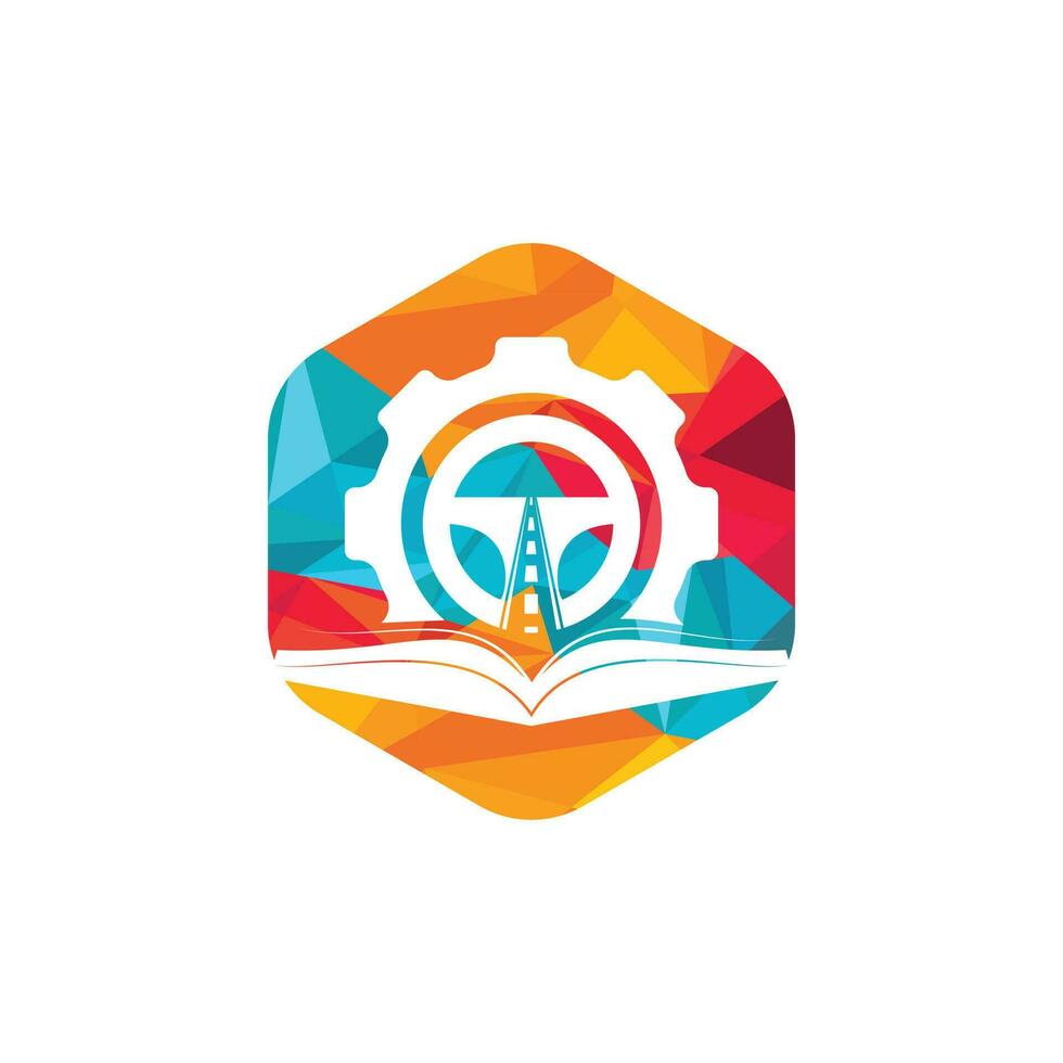 design de logotipo de escola de condução. volante com ícone de engrenagem e livro. vetor