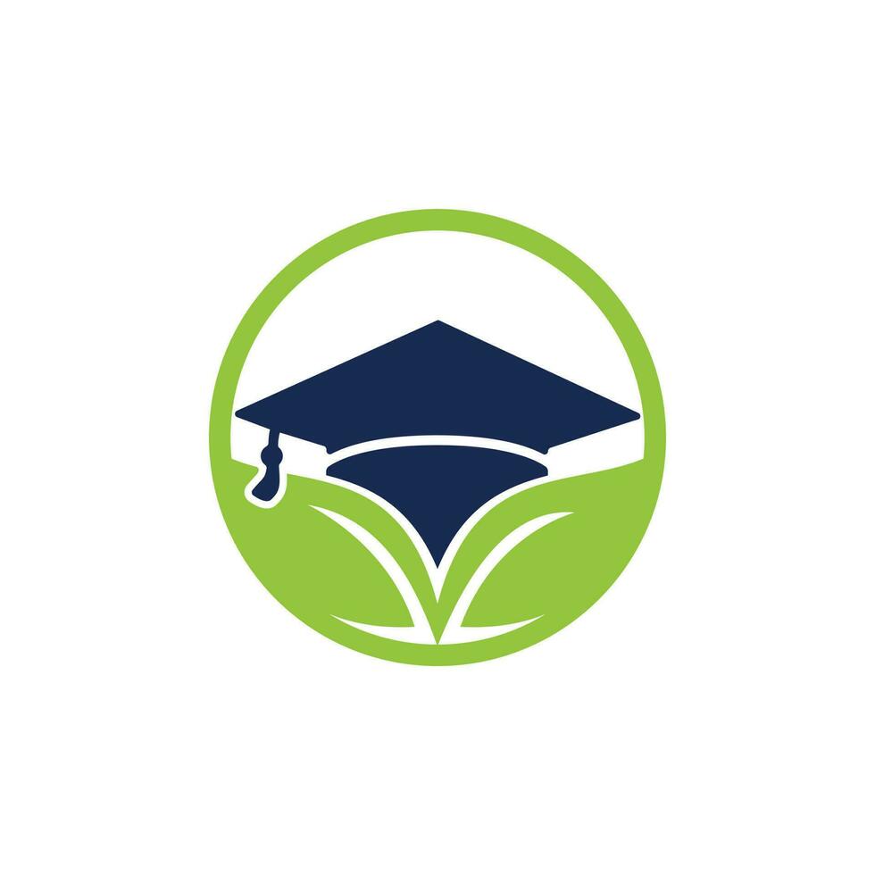 modelo de logotipo de vetor de estudante de natureza. folha com design de ícone de vetor de modelo de logotipo de chapéu de formatura.