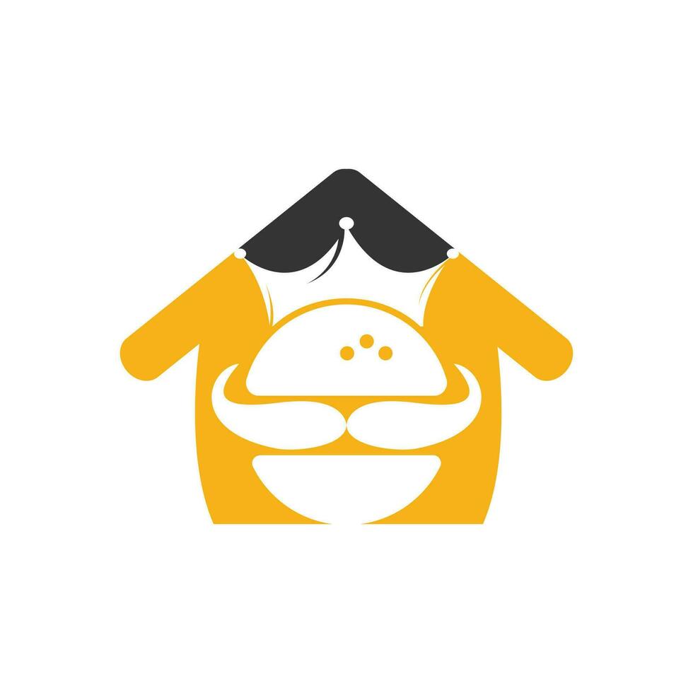 design de logotipo de vetor de hambúrguer rei. hambúrguer com coroa e bigode com conceito de logotipo de ícone de forma em casa.