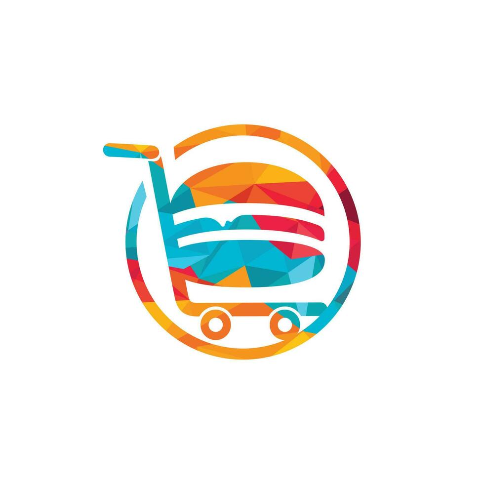 design de logotipo de carrinho de hambúrguer e supermercado. design de ícone de hambúrguer e carrinho. vetor