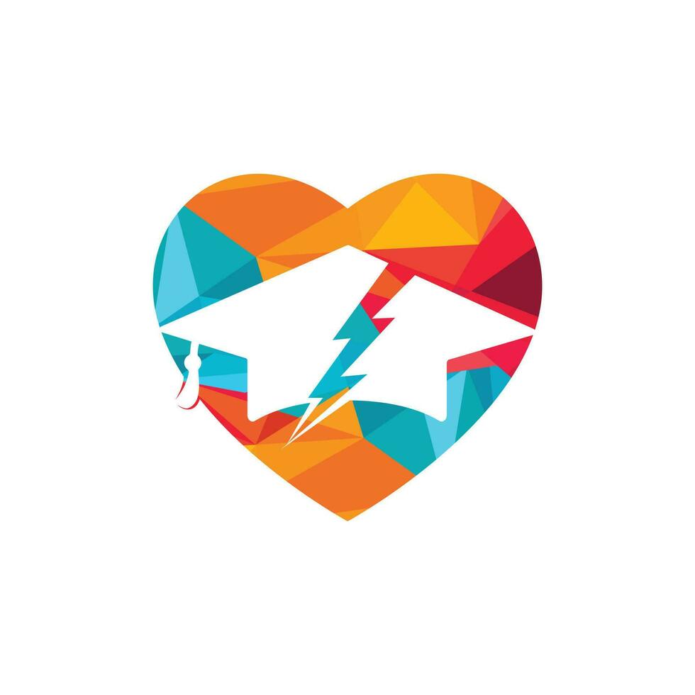 flash modelo de logotipo de vetor de estudante. boné de formatura com ícone de trovão e coração.
