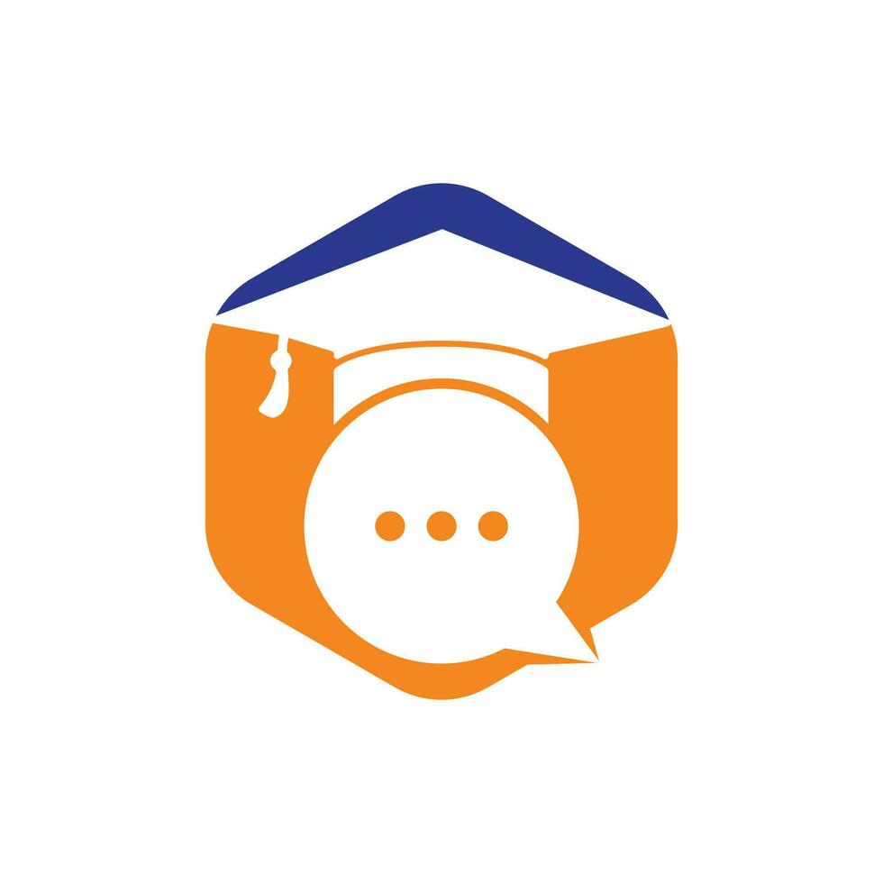 design de logotipo de vetor de conversa de educação. chapéu de formatura com design de ícone de bolha de bate-papo.