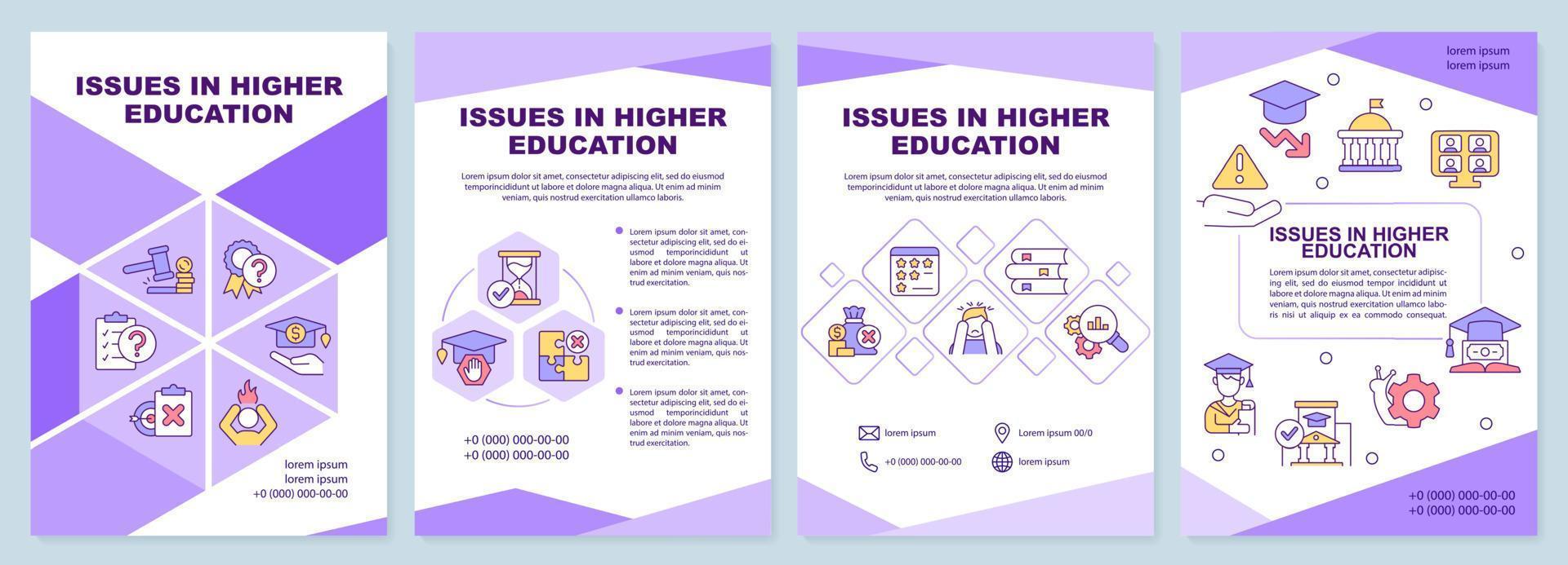 questões no modelo de folheto roxo do ensino superior. design de folheto com ícones lineares. 4 layouts vetoriais editáveis para apresentação, relatórios anuais. vetor