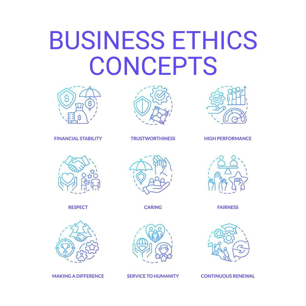 conjunto de ícones de conceito gradiente azul de ética empresarial. ilustrações de cores de linha fina de ideia de responsabilidade social corporativa. serviço à humanidade. símbolos isolados. vetor