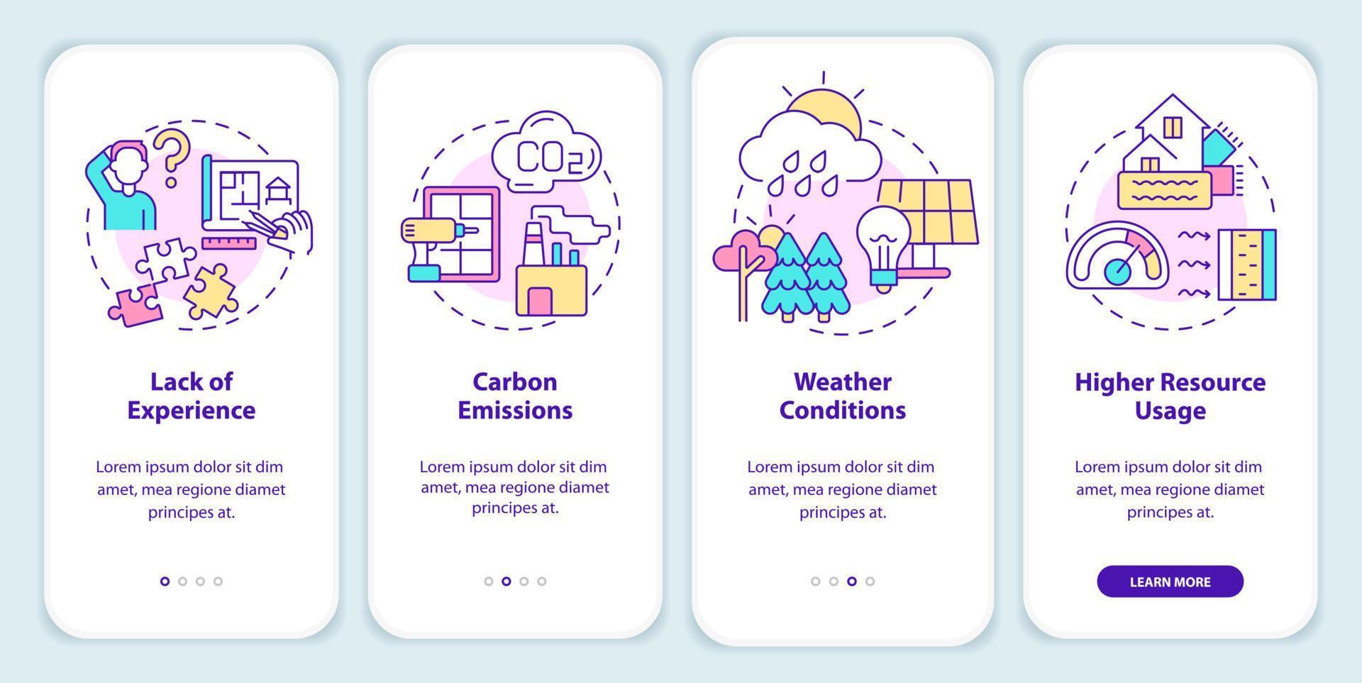 desvantagens da tela de aplicativo móvel de integração de construção de energia zero. passo a passo 4 passos páginas de instruções gráficas com conceitos lineares. ui, ux, modelo de gui. vetor