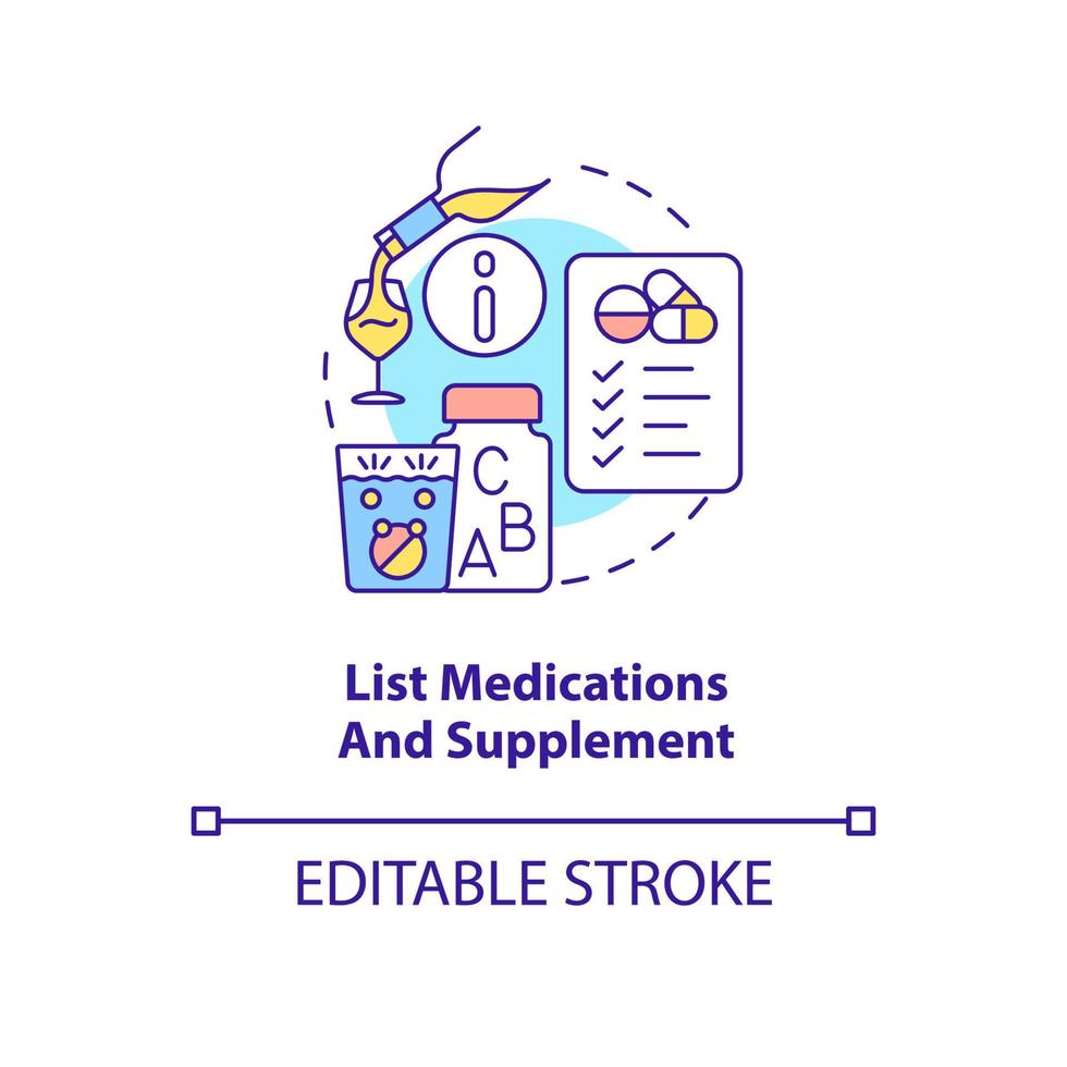 lista medicamentos e ícone do conceito de suplemento. antes da consulta com ilustração de linha fina de idéia abstrata terapeuta. desenho de contorno isolado. traço editável. vetor