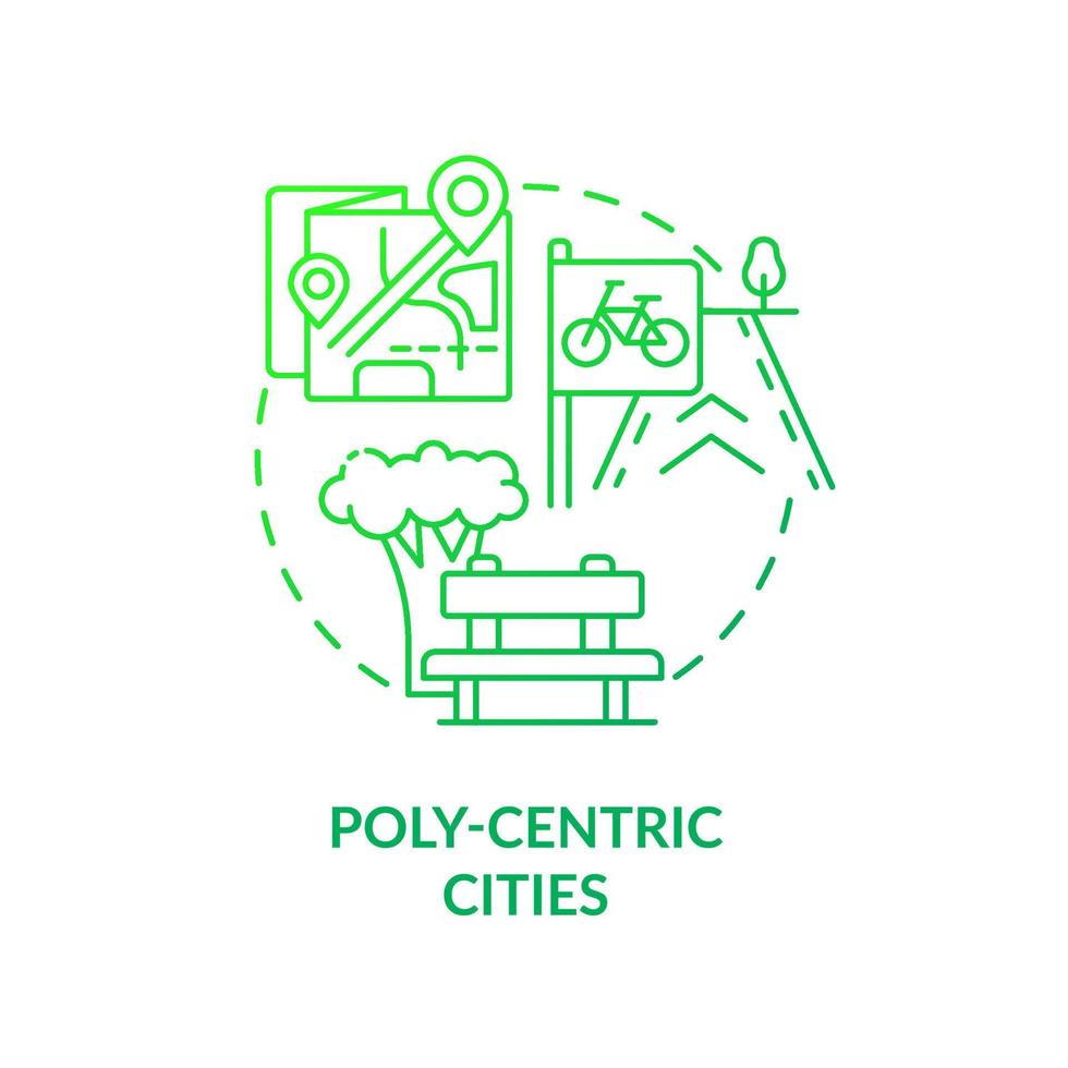 ícone de conceito gradiente verde cidades policêntricas. princípio de desenvolvimento urbano idéia abstrata ilustração de linha fina. sistema metropolitano. desenho de contorno isolado. vetor