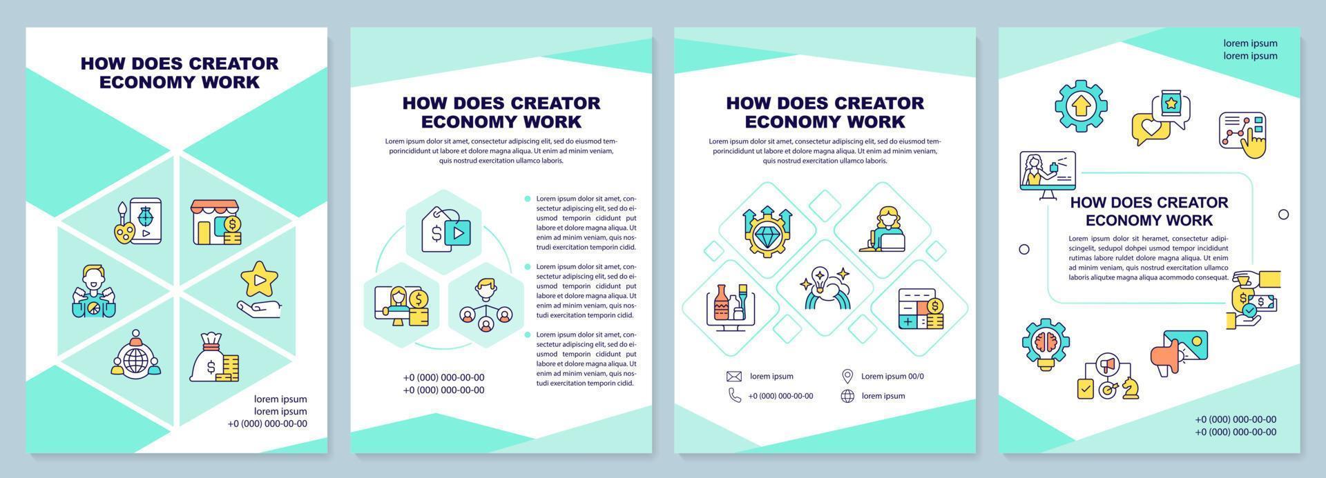 como funciona o modelo de folheto da economia do criador. design de folheto com ícones lineares. 4 layouts vetoriais editáveis para apresentação, relatórios anuais. vetor