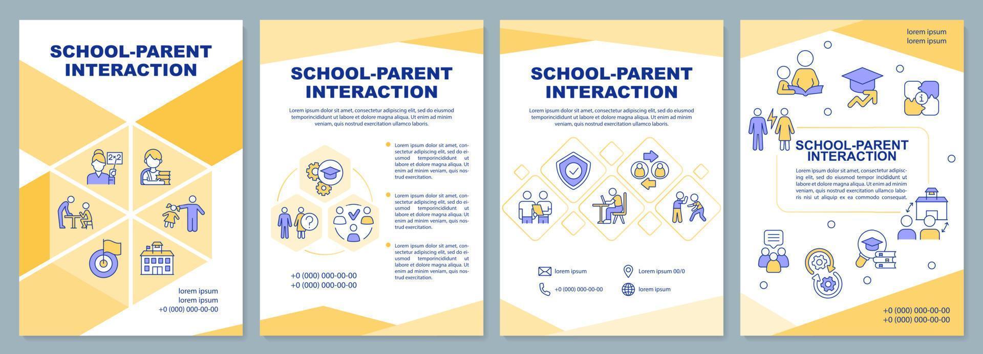 modelo de folheto amarelo de interação dos pais da escola. design de folheto com ícones lineares. 4 layouts vetoriais editáveis para apresentação, relatórios anuais. vetor