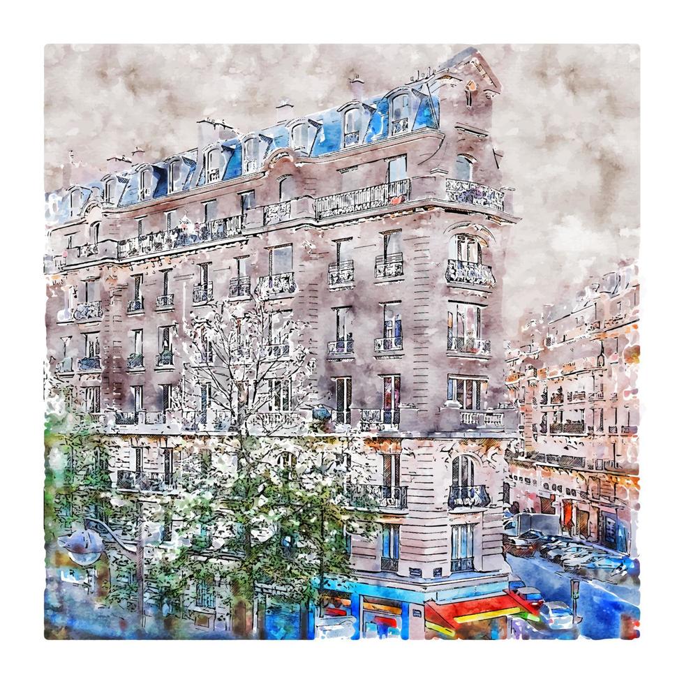 arquitetura paris frança esboço em aquarela ilustração desenhada à mão vetor