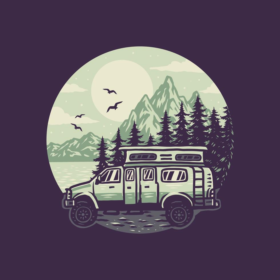 viagens de campervan design gráfico de camiseta vintage, estilo de linha desenhado à mão com cor digital, ilustração vetorial vetor