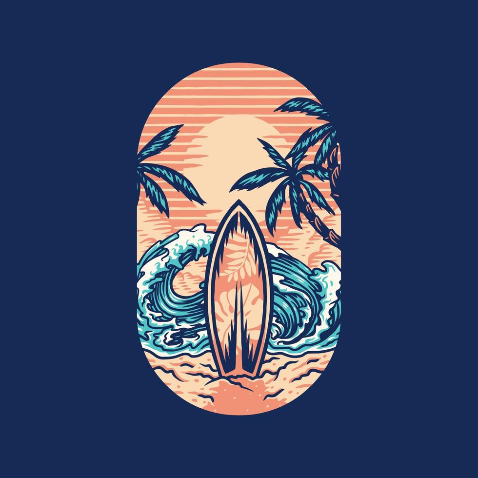 design gráfico de camiseta de praia de verão de surf, linha desenhada à mão com cor digital, ilustração vetorial vetor