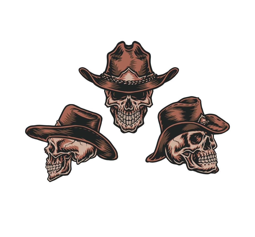conjunto de crânio de cowboy, estilo de linha desenhada à mão com cor digital, ilustração vetorial vetor