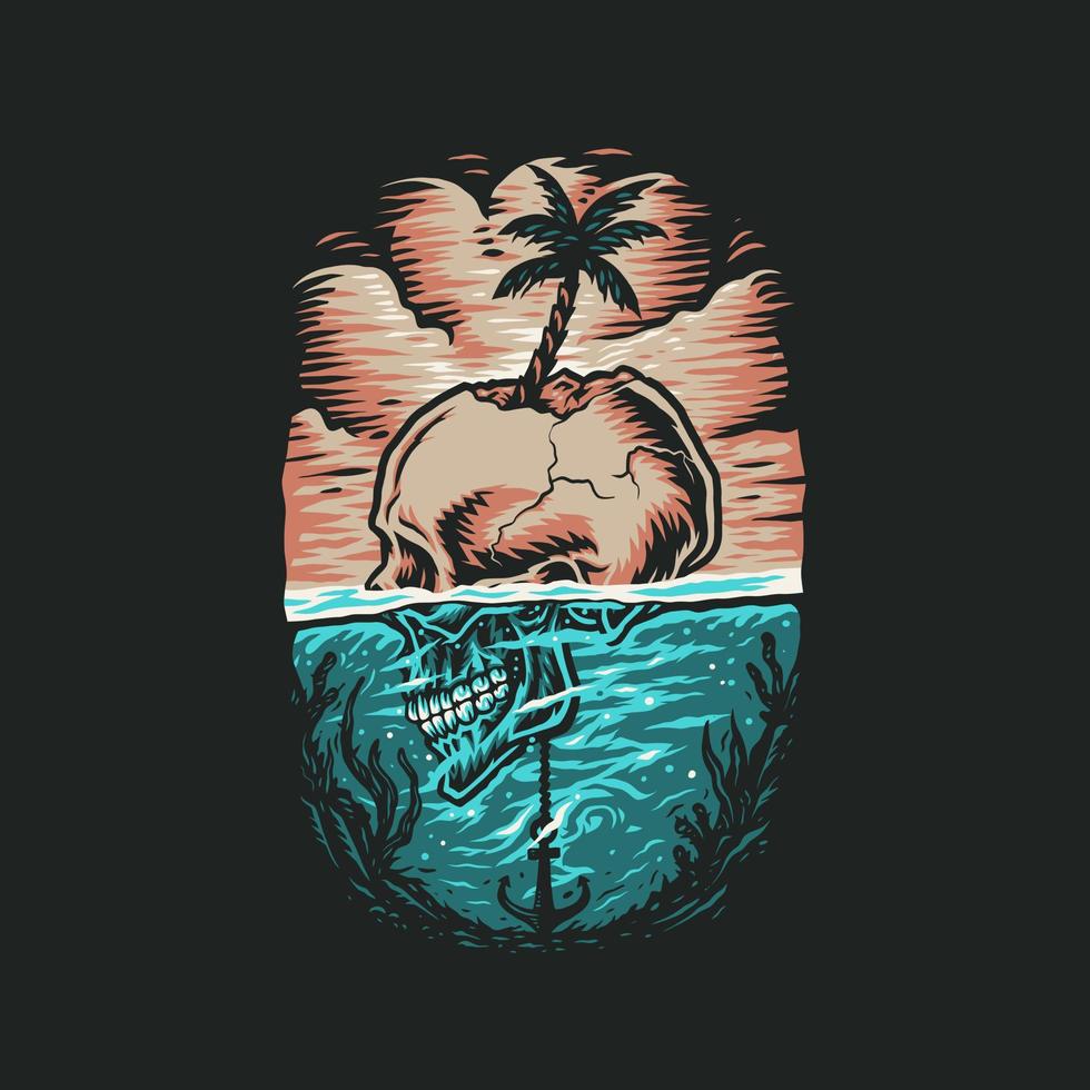 design gráfico de camiseta de praia de verão de caveira, estilo de linha desenhado à mão com cor digital, ilustração vetorial vetor
