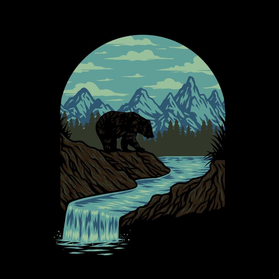 ilustração vetorial de um urso com uma paisagem de montanha vetor