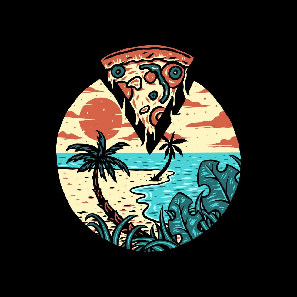 design gráfico de camiseta de praia de verão de pizza, estilo de linha desenhado à mão com cor digital, ilustração vetorial vetor