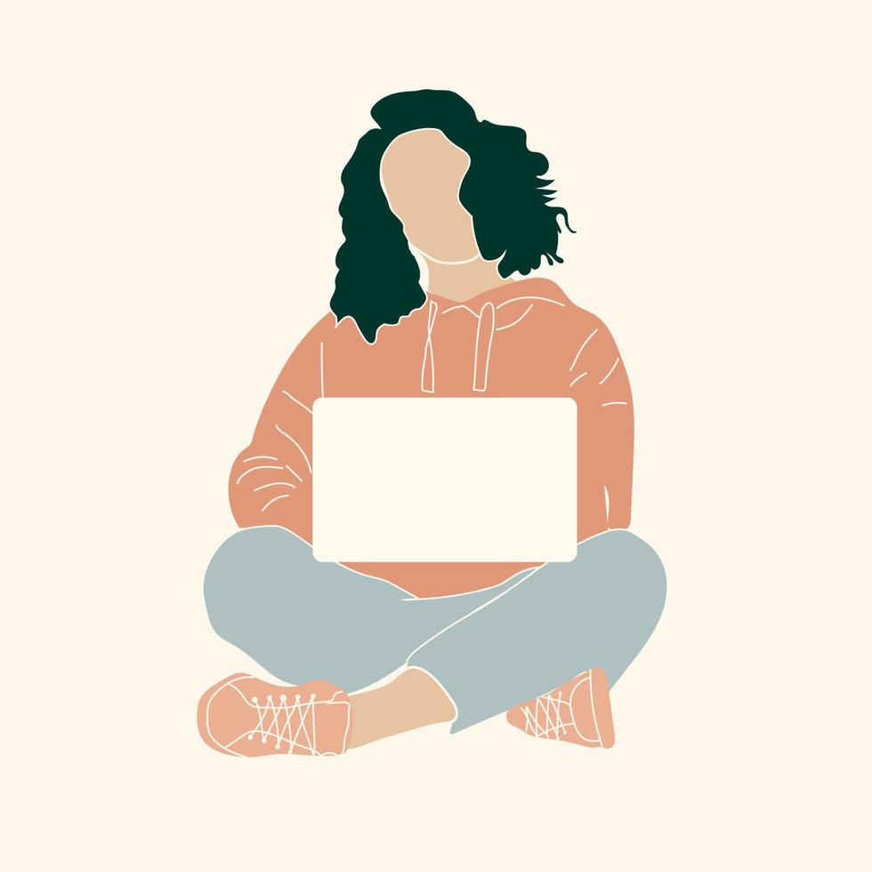 jovem mulher bonita usando laptop e trabalho. freelance, conceito de educação online. ilustração vetorial isolada no branco. vetor