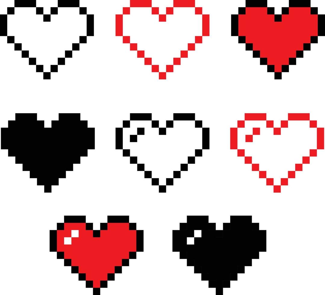 coração de pixel definir ícone em fundo branco. logotipo de pixel de coração vermelho. sinal de coração de saúde de 8 bits. símbolo de amor vintage. estilo plano. vetor