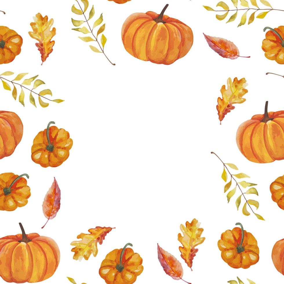 ilustração em aquarela outono moldura laranja com folhas e abóboras para têxteis, guardanapos, outras decorações vetor