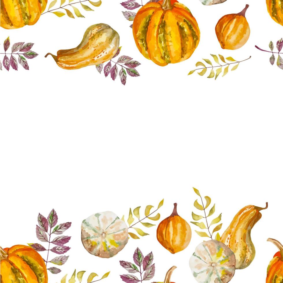 borda de outono em aquarela com abóboras e folhas laranja moldura perfeita vetor