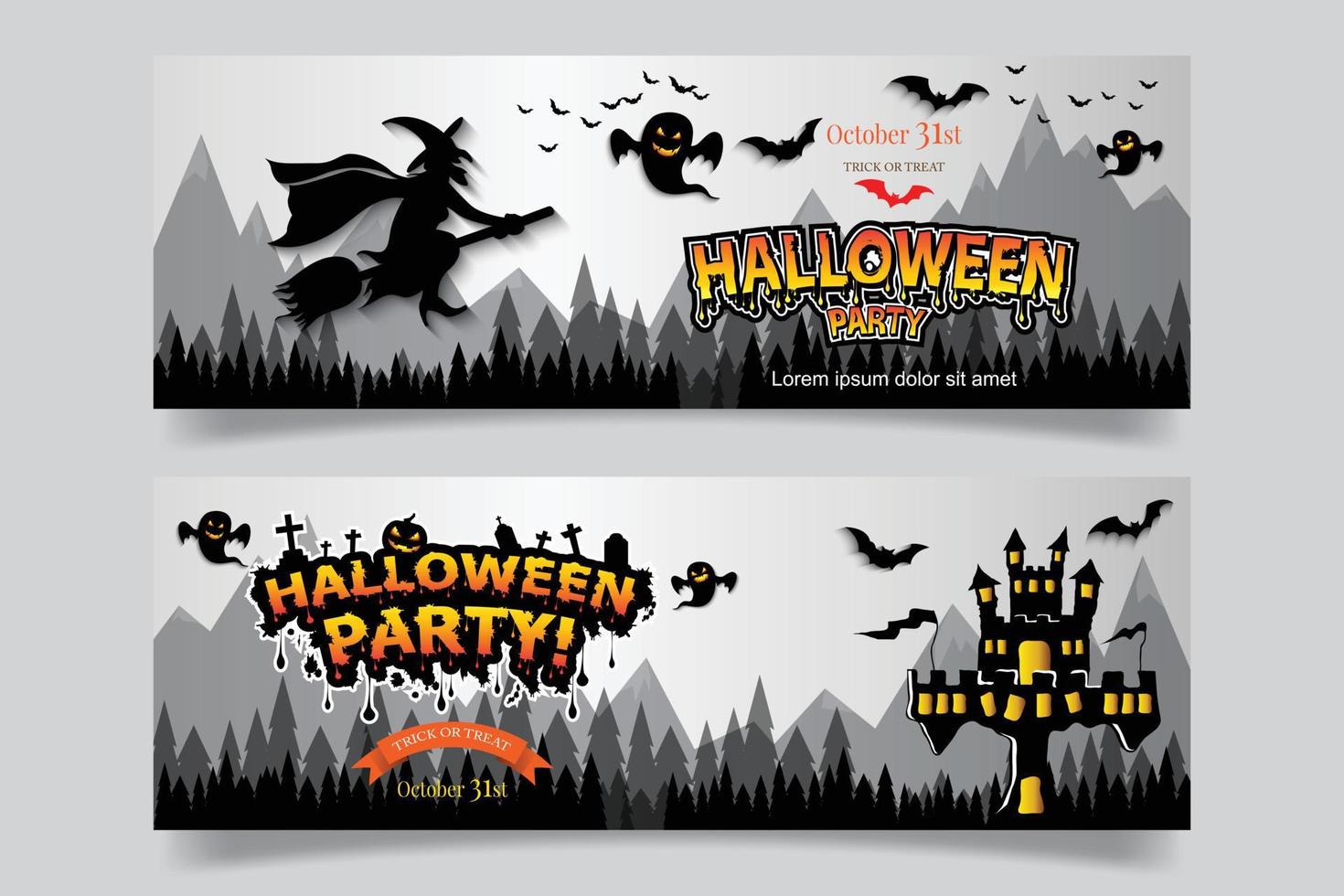 banner com abóbora de halloween e castelo assombrado e morcego. vetor