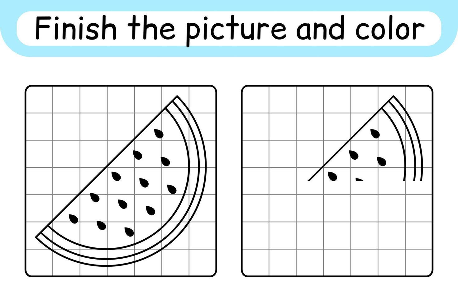 complete a melancia da imagem. copie a imagem e a cor. terminar a imagem. livro de colorir. jogo de exercício de desenho educacional para crianças vetor