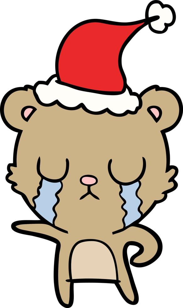 desenho de linha chorando de um urso usando chapéu de papai noel vetor