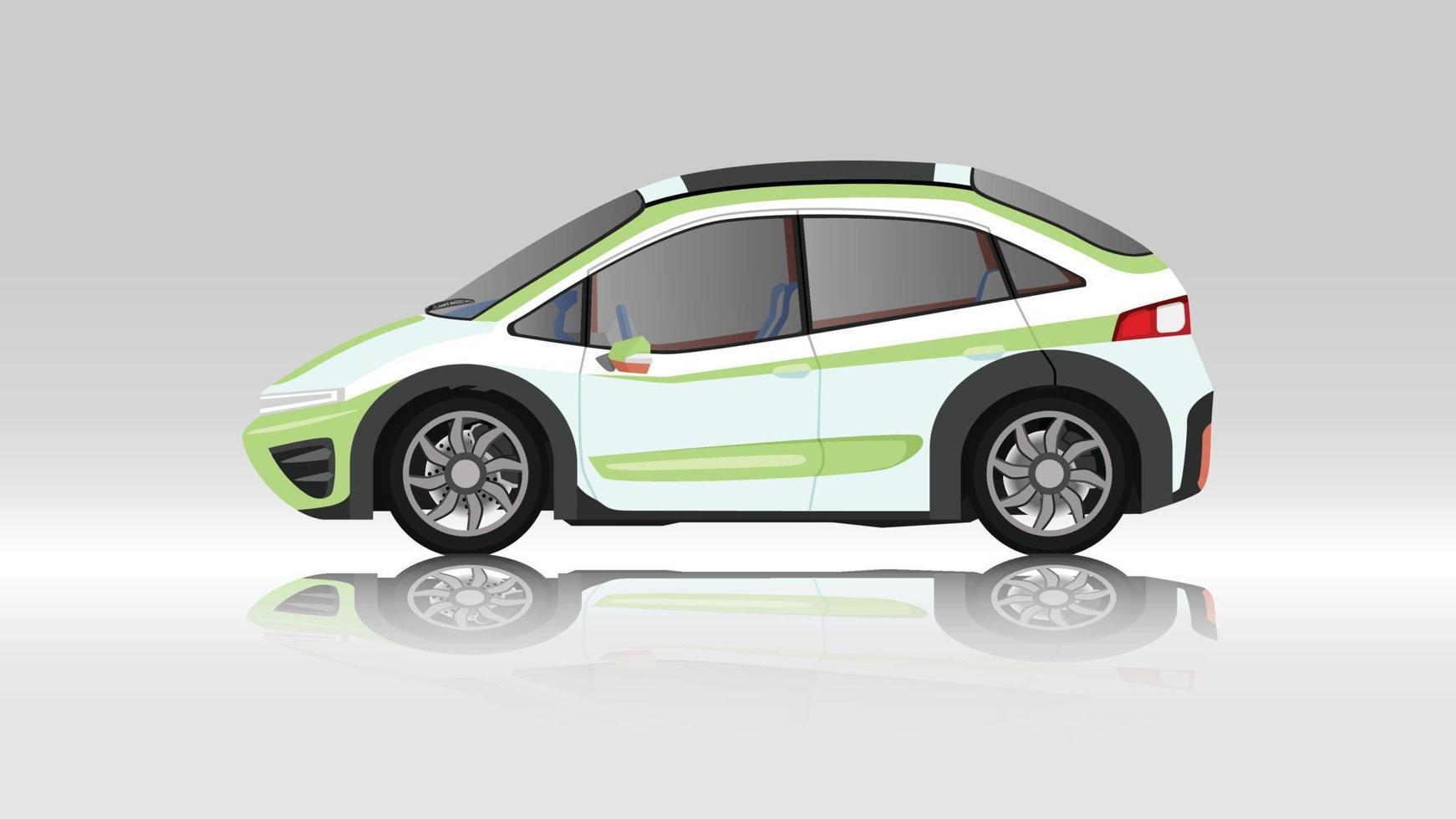ilustração em vetor conceito do lado detalhado de um carro esportivo eco liso verde. com sombra de carro refletida do chão abaixo. e fundo branco isolado.