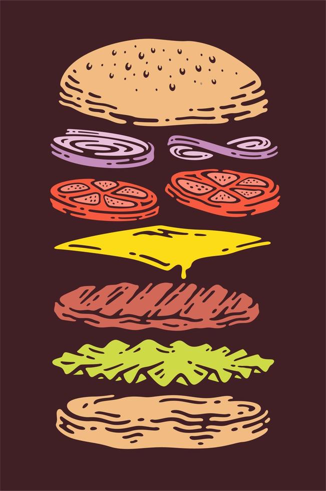 hambúrguer de queijo com camadas ou ingredientes desenhados à mão vetor