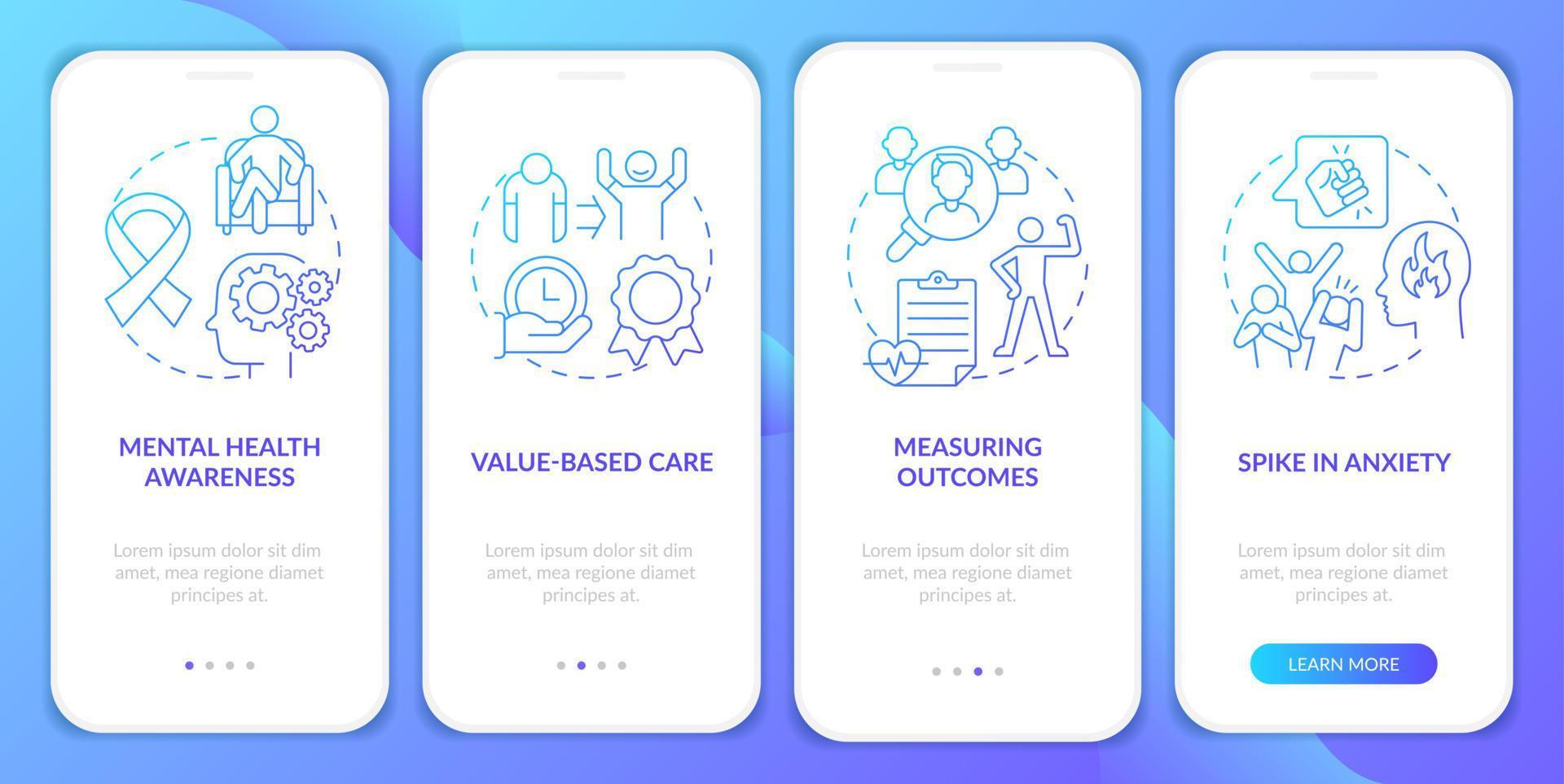 tela de aplicativo móvel de integração de gradiente azul de tendências comportamentais. Health walkthrough 4 etapas páginas de instruções gráficas com conceitos lineares. ui, ux, modelo de gui. vetor