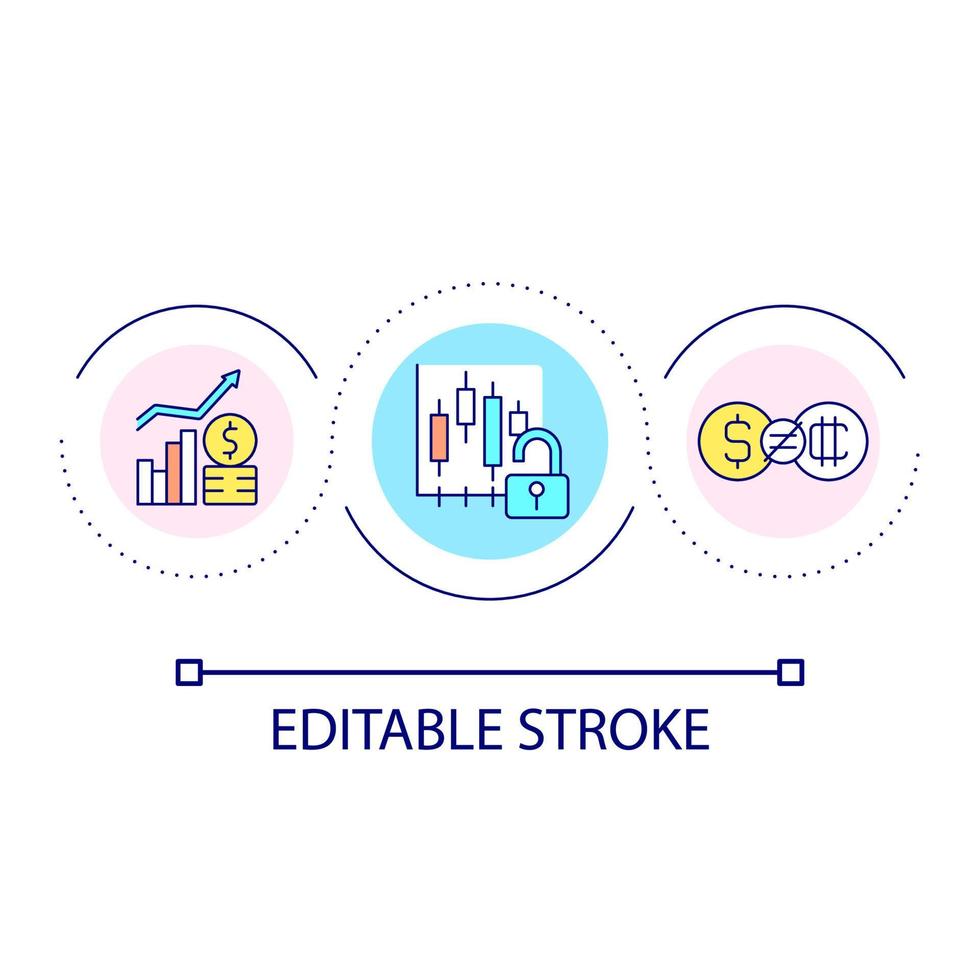 ícone de conceito de loop de mercado de ações aberto. criptomoeda e dinheiro real. ilustração de linha fina de idéia abstrata de crescimento de lucro comercial. desenho de contorno isolado. traço editável. vetor