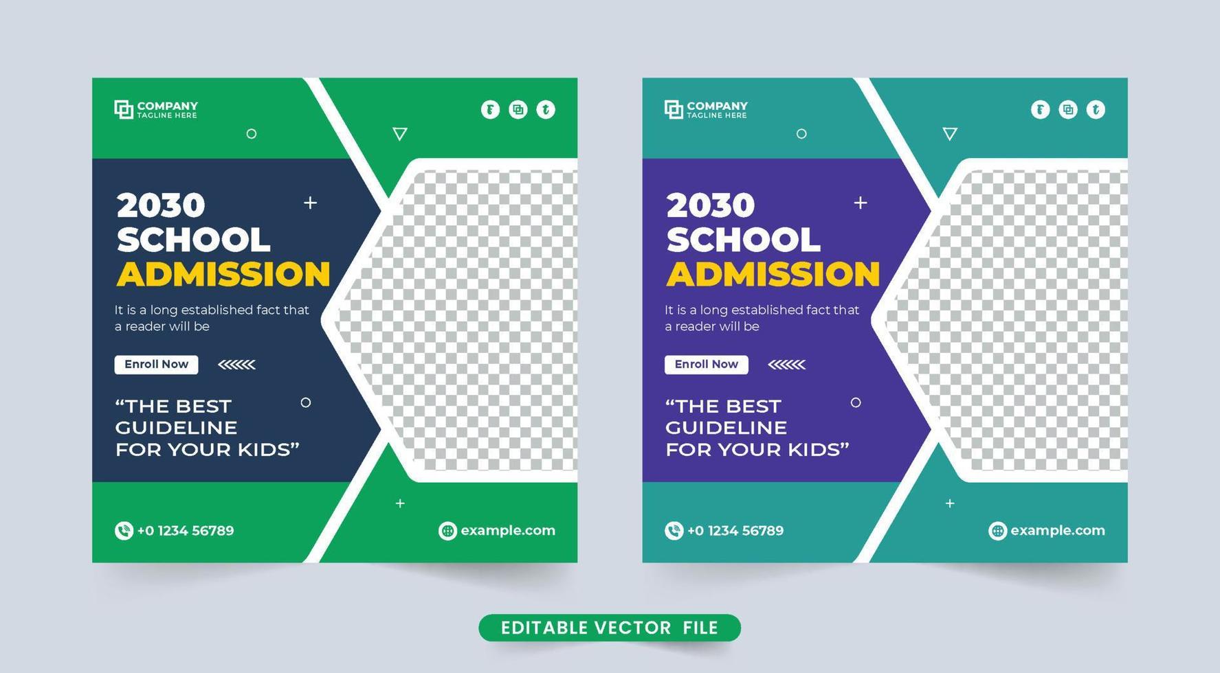 modelo de postagem de mídia social de admissão escolar com cores verdes e escuras. vetor de modelo de banner web de educação para escolas. banner de promoção de admissão escolar criativa para mídias sociais.