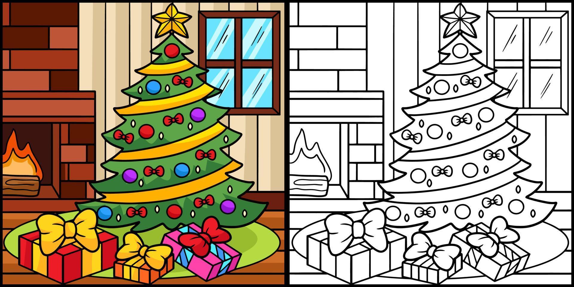 árvore de natal com presentes para colorir página colorida vetor