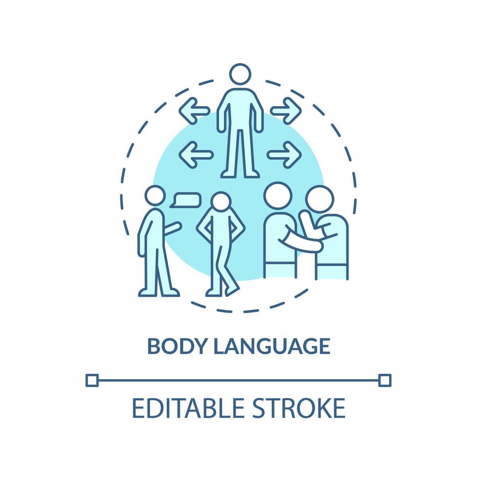 ícone de conceito turquesa de linguagem corporal. tipo de comunicação não-verbal idéia abstrata ilustração de linha fina. postura corporal. desenho de contorno isolado. traço editável. vetor