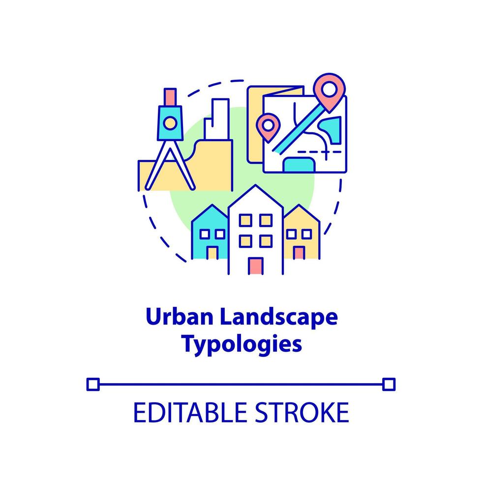 ícone de conceito de tipologias de paisagem urbana. água e biodiversidade na ilustração de linha fina de ideia abstrata de urbanismo verde. desenho de contorno isolado. traço editável. vetor