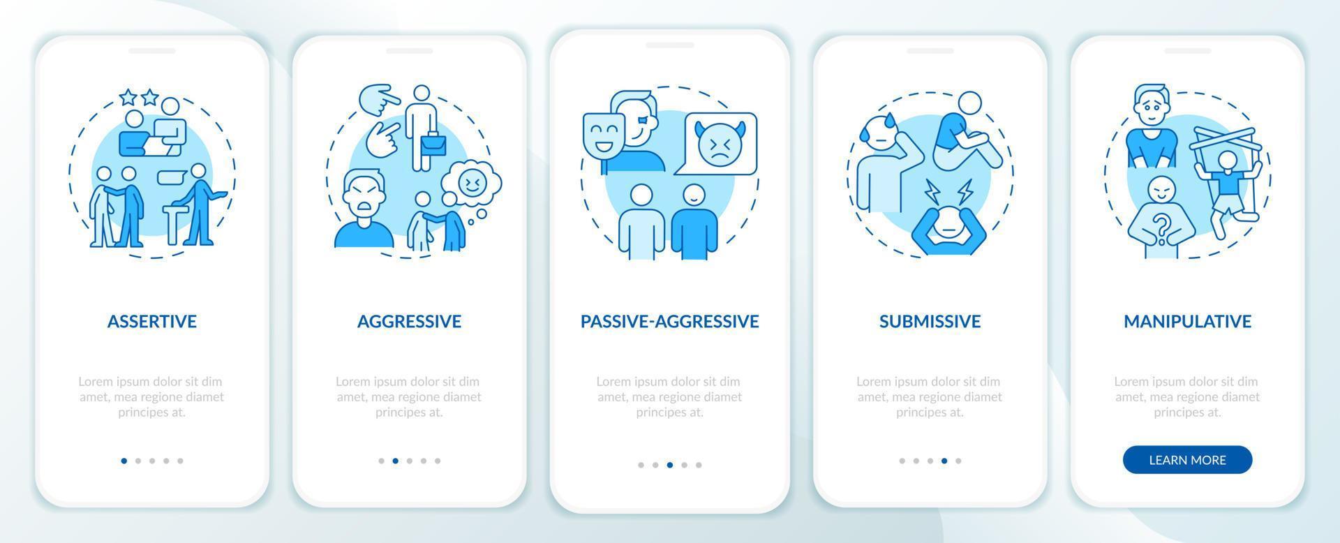 estilos básicos de comunicação tela azul do aplicativo móvel de integração. passo a passo 5 passos páginas de instruções gráficas com conceitos lineares. ui, ux, modelo de gui. vetor