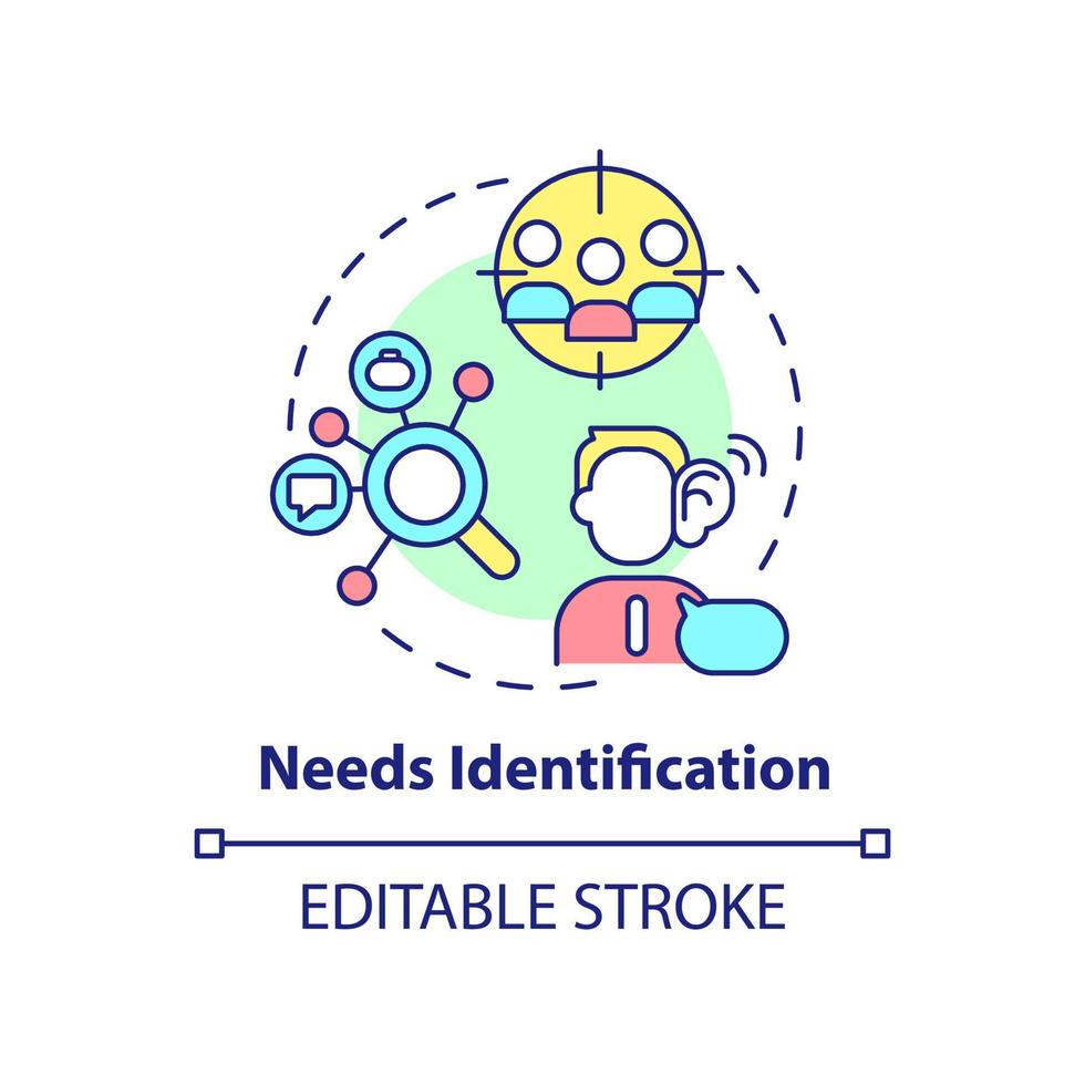 precisa de ícone de conceito de identificação. processo de vendas idéia abstrata ilustração de linha fina. análise de desejos do cliente. desenho de contorno isolado. traço editável. vetor