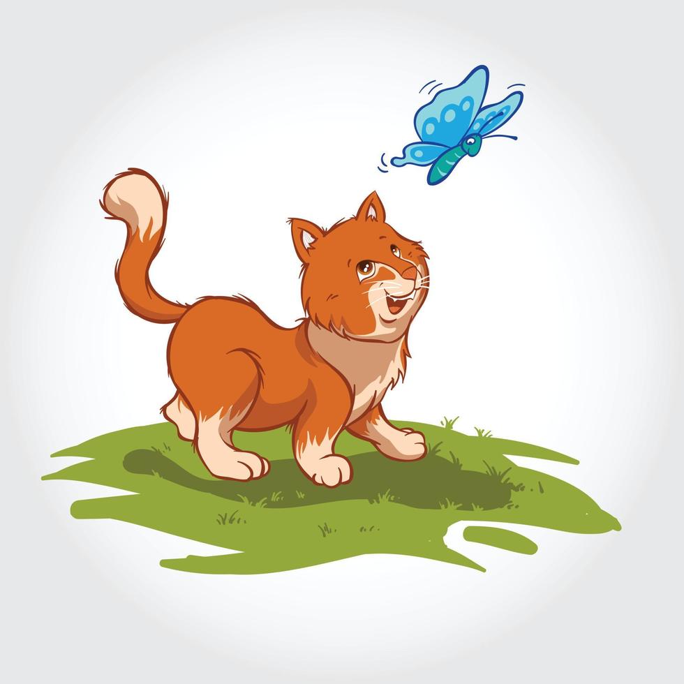 personagem de desenho animado de vetor de gato. lindo gatinho gordo perseguindo uma borboleta azul na grama.