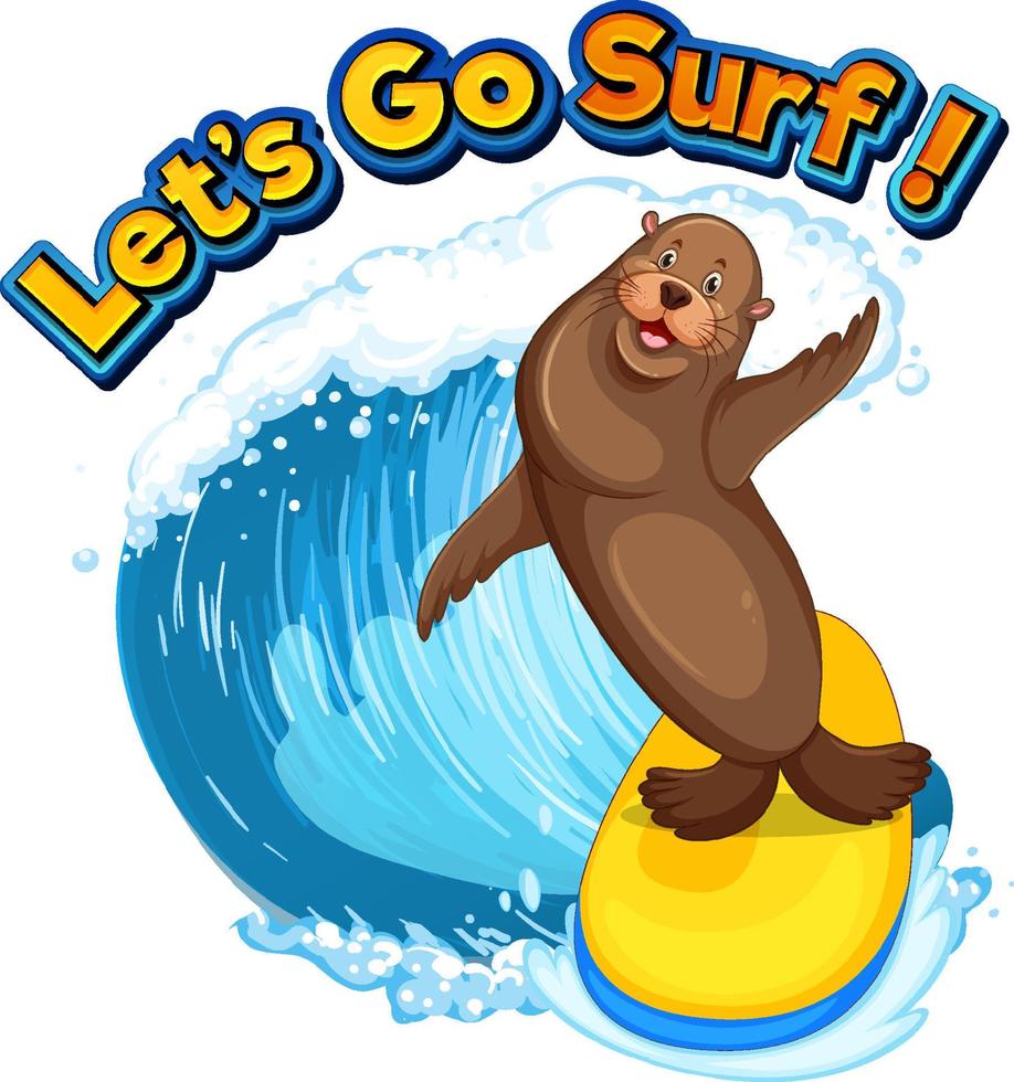 personagem de desenho animado de leão marinho com vamos surfar palavra vetor