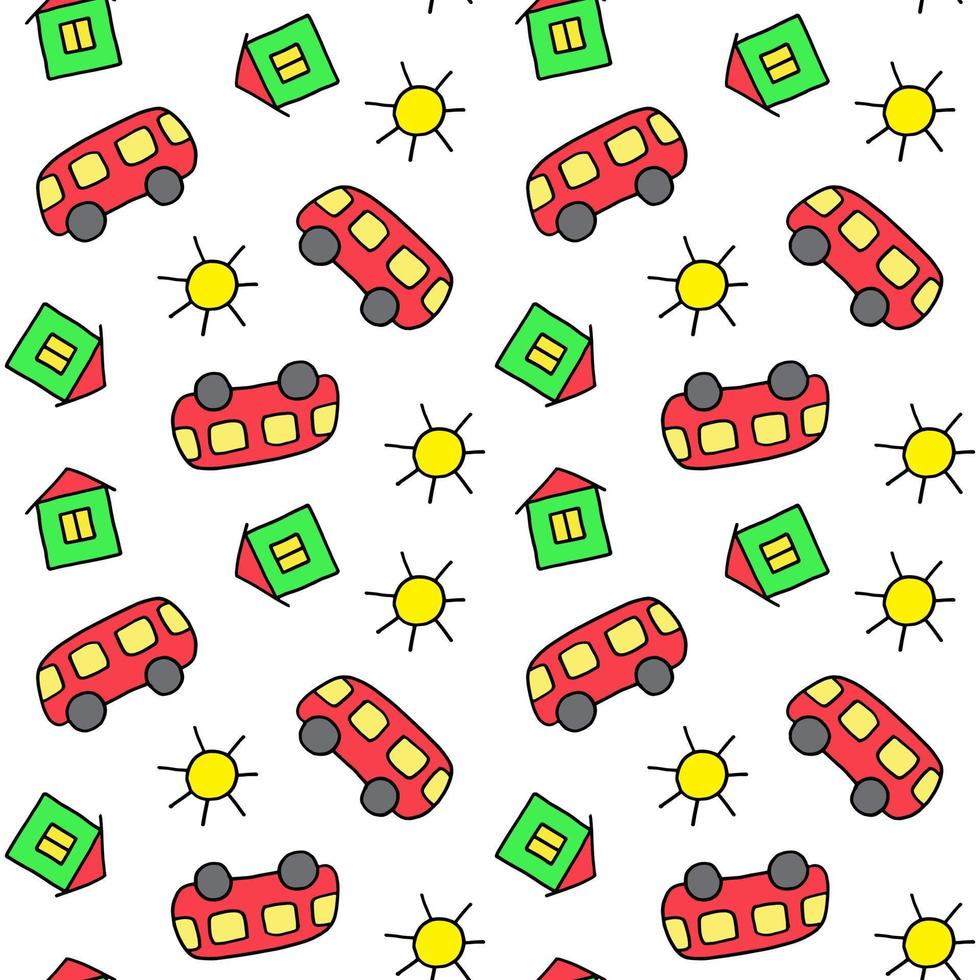 bonito padrão sem emenda para crianças. ônibus, casa e sol. impressão colorida. ilustração do estilo do doodle. imprimir para cartões, convites, chá de bebê, papel de embrulho, têxteis, roupas e decoração de quartos vetor