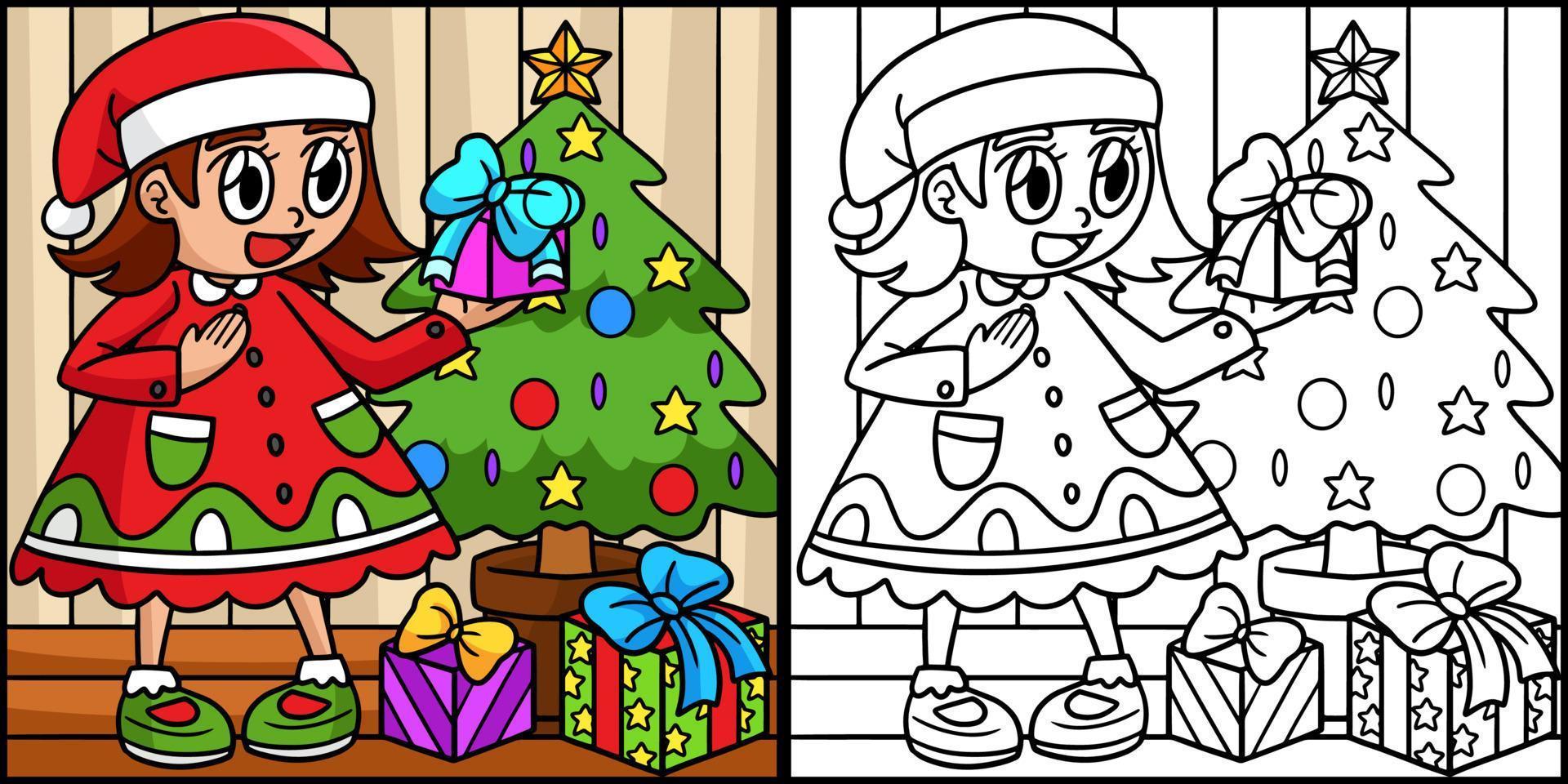 ilustração de página para colorir de presente e árvore de natal vetor